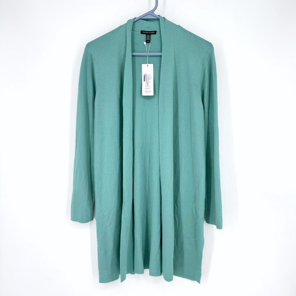 NWT Eileen Fisher Sea Green Superfine Merino Wool Longline Open Cardigan Sweater